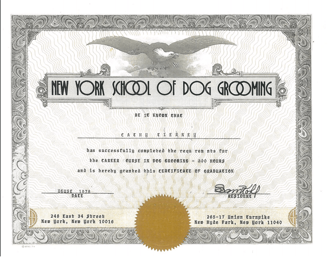 Cathy's diploma from the NY School of Dog Grooming.