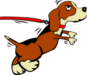 A cartoon of a dog on a leash