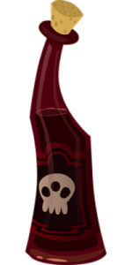 Cartoon of a red bottle with a skull